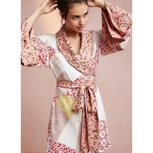 Anthropologie Pink Patchwork Floral Satin Kimono